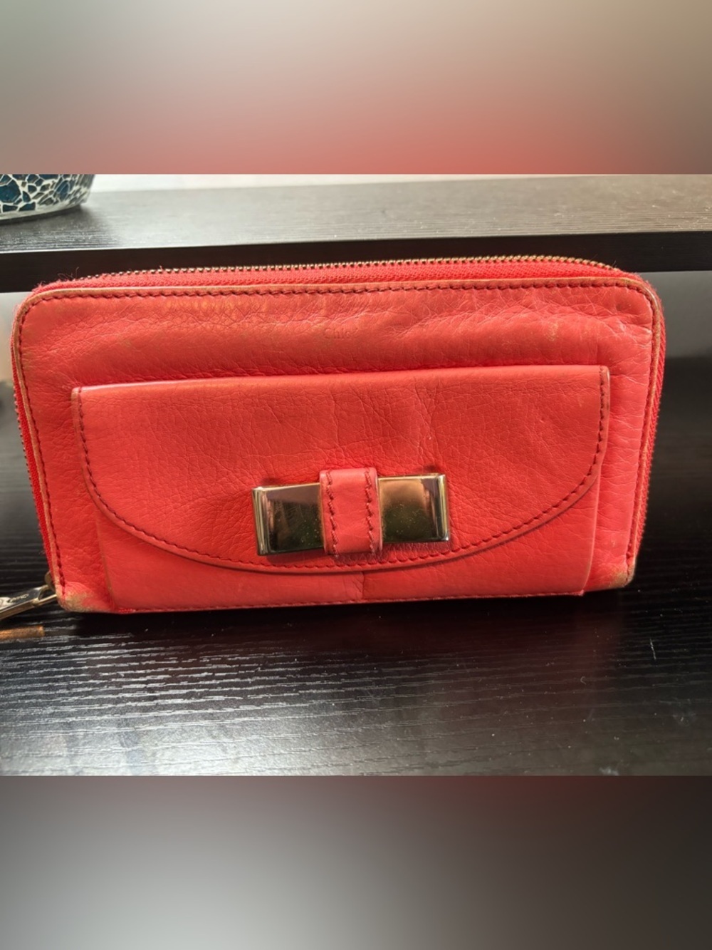 Authentic Chloé Lily Ribbon Leather Zip-Around Wallet – Coral/Salmon